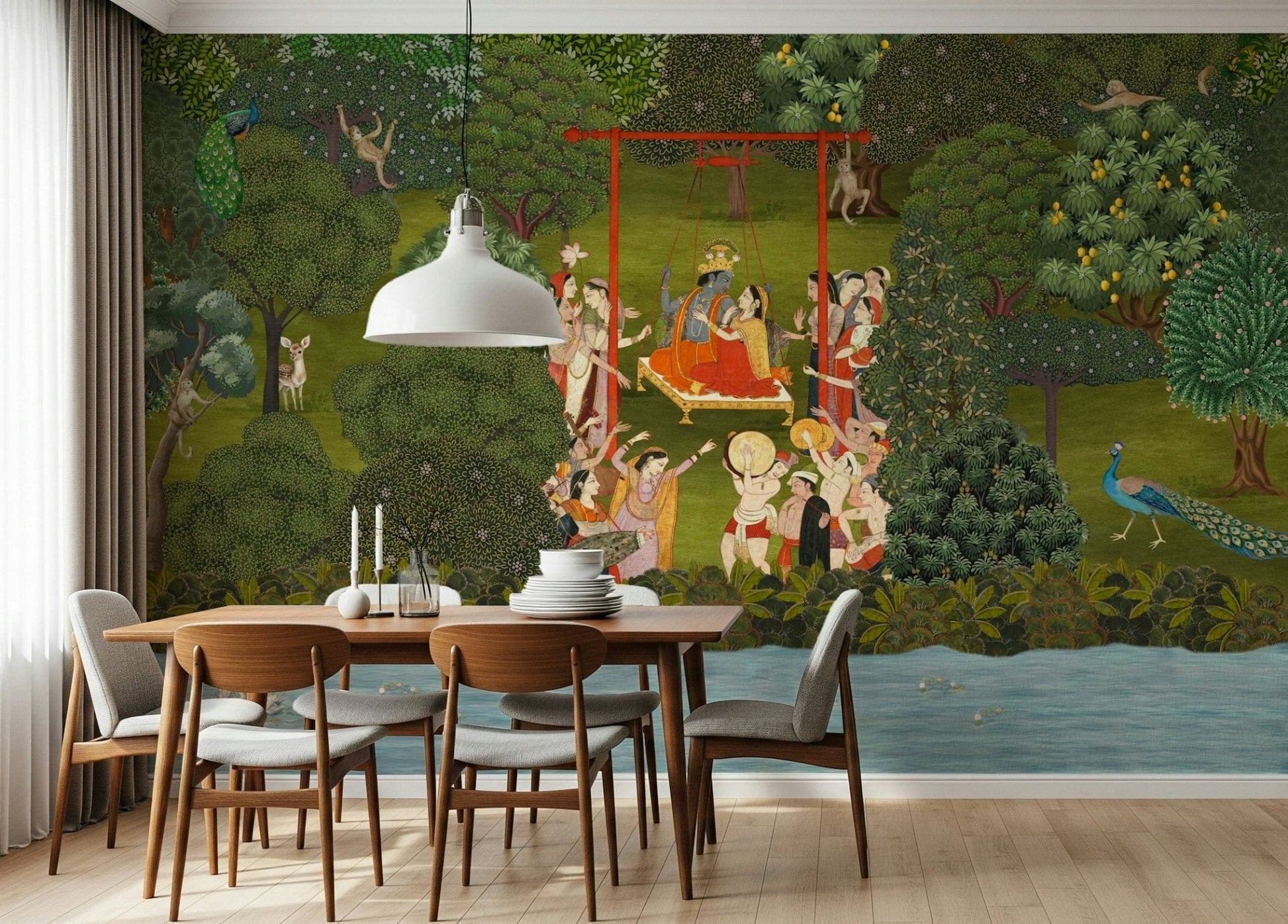 Garden swing wallpaper behind sofa, soft colour palette and nature-themed home styling