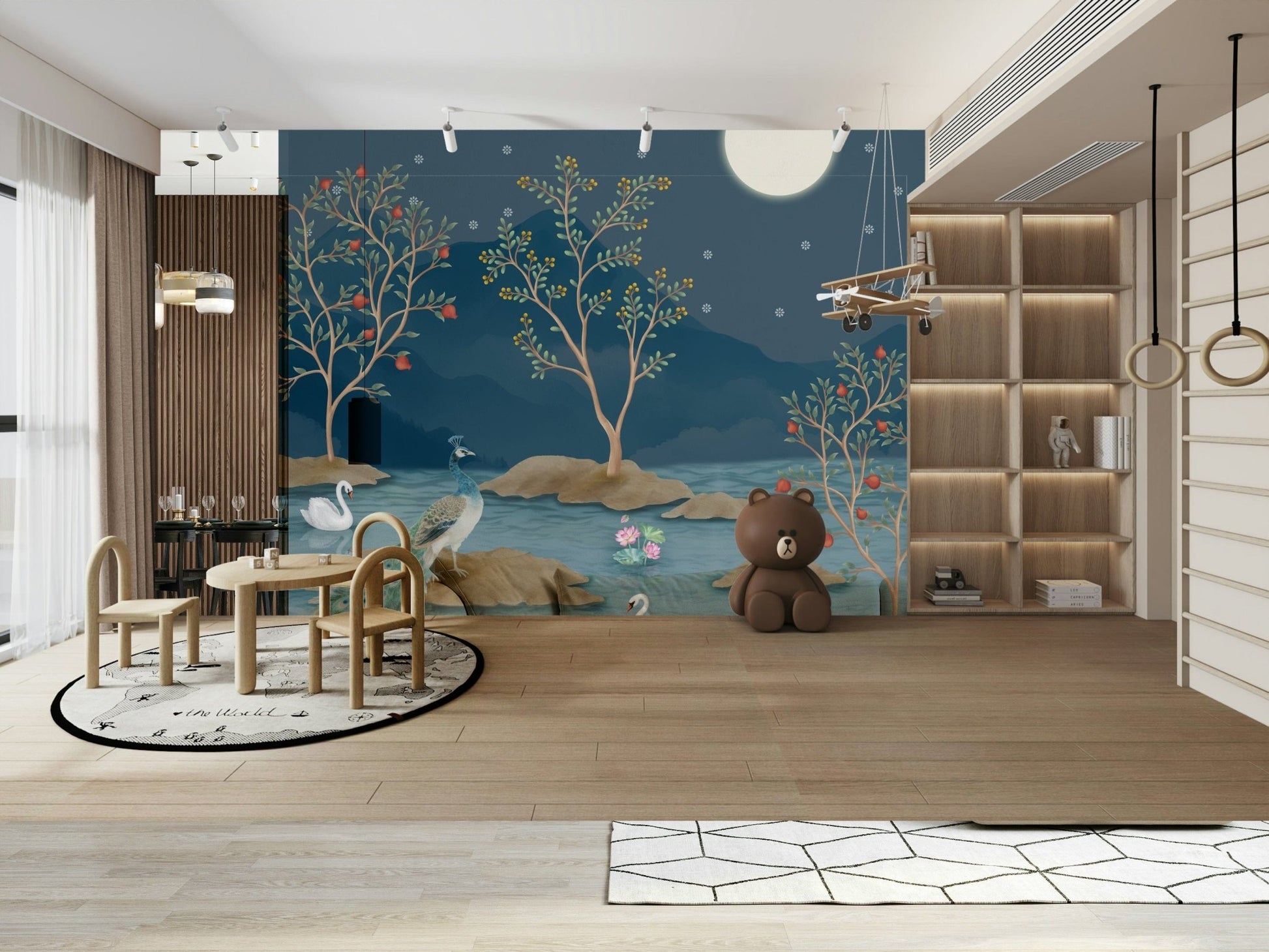 TV wall with moonlit wallpaper, subtle gradient tones for living space styling