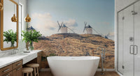 Dry golden field La Mancha Windmills wallpaper mural sunny scene.
