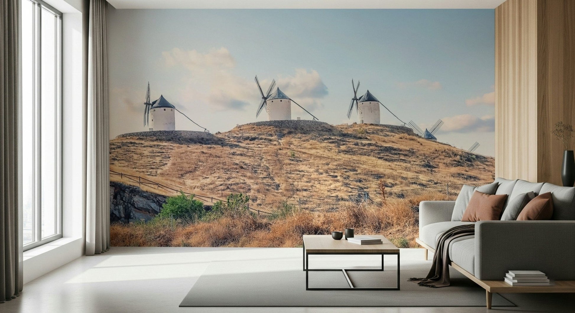 Conquest La Mancha Windmills wall peel and stick wallpaper artwork.