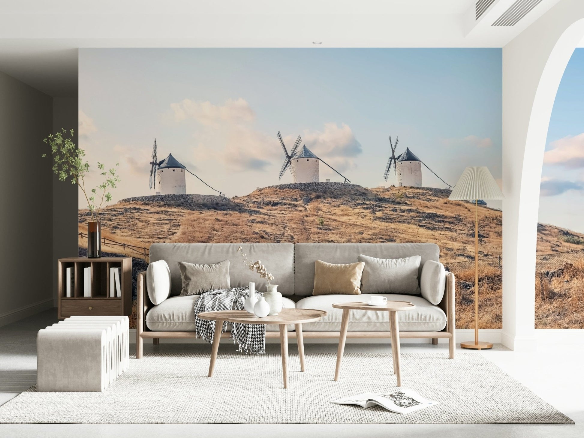 Rustic La Mancha Windmills home accent wallpaper for walls print.
