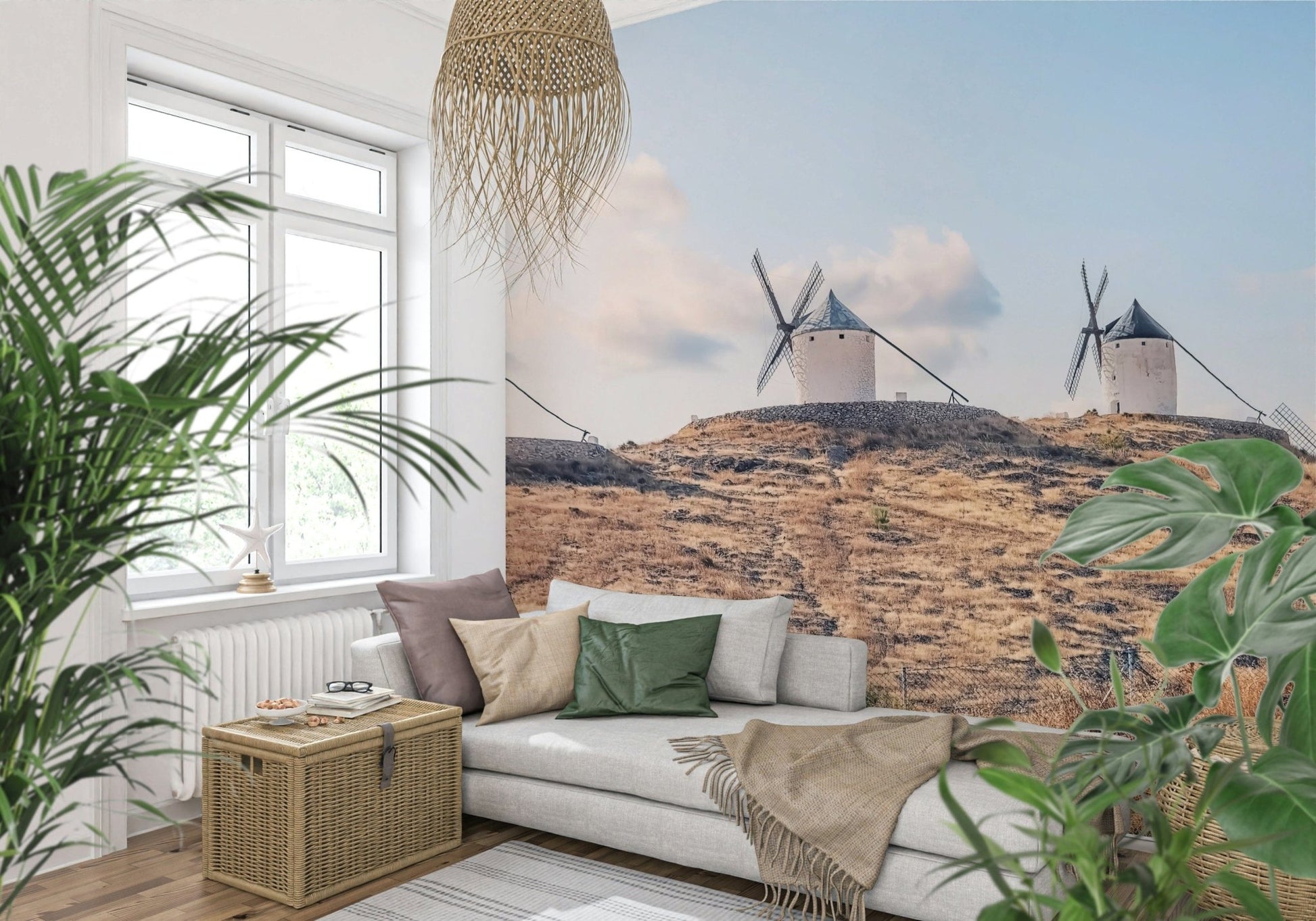 Historic La Mancha Windmills view premium peel and stick wallpaper.