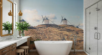 Dry golden field La Mancha Windmills wallpaper mural sunny scene.