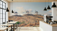 Spanish La Mancha Windmills scenic peel and stick wallpaper design.