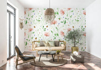 Whimsical spring scene with ladybugs for a sunroom feature wall.