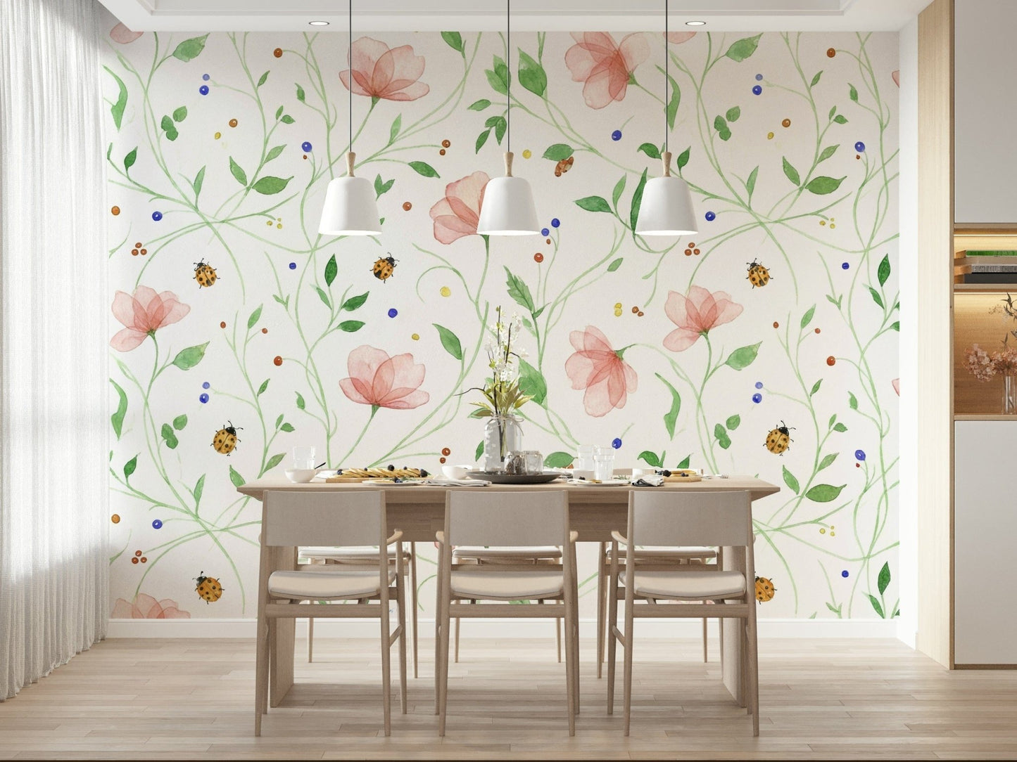 Botanical leaf patterns and small beetles on a white wall decor background.
