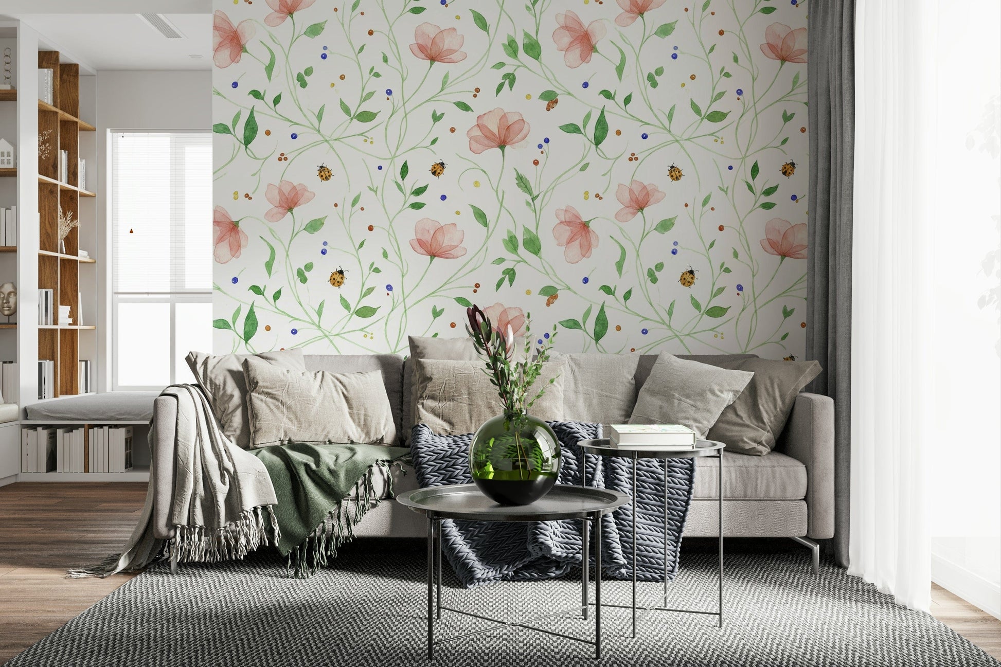 Large scale botanical mural behind a neutral sofa in a city apartment.
