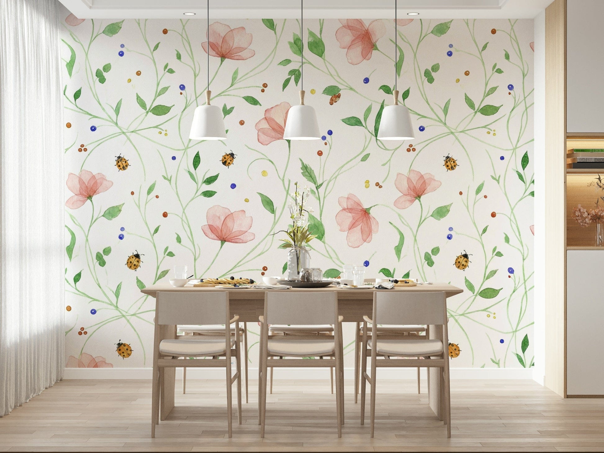 Botanical leaf patterns and small beetles on a white wall decor background.