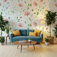 Bright garden scene wallpaper with red accents for a primary bedroom.