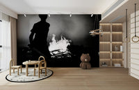 A contemplative bonfire scene wallpaper mural for a feature wall.

