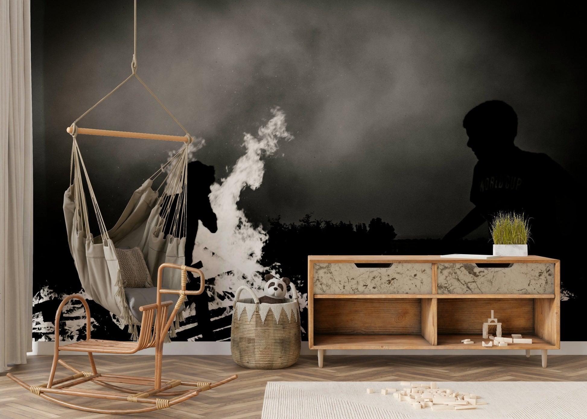 A calming abstract firelight wallpaper mural that defines a space.

