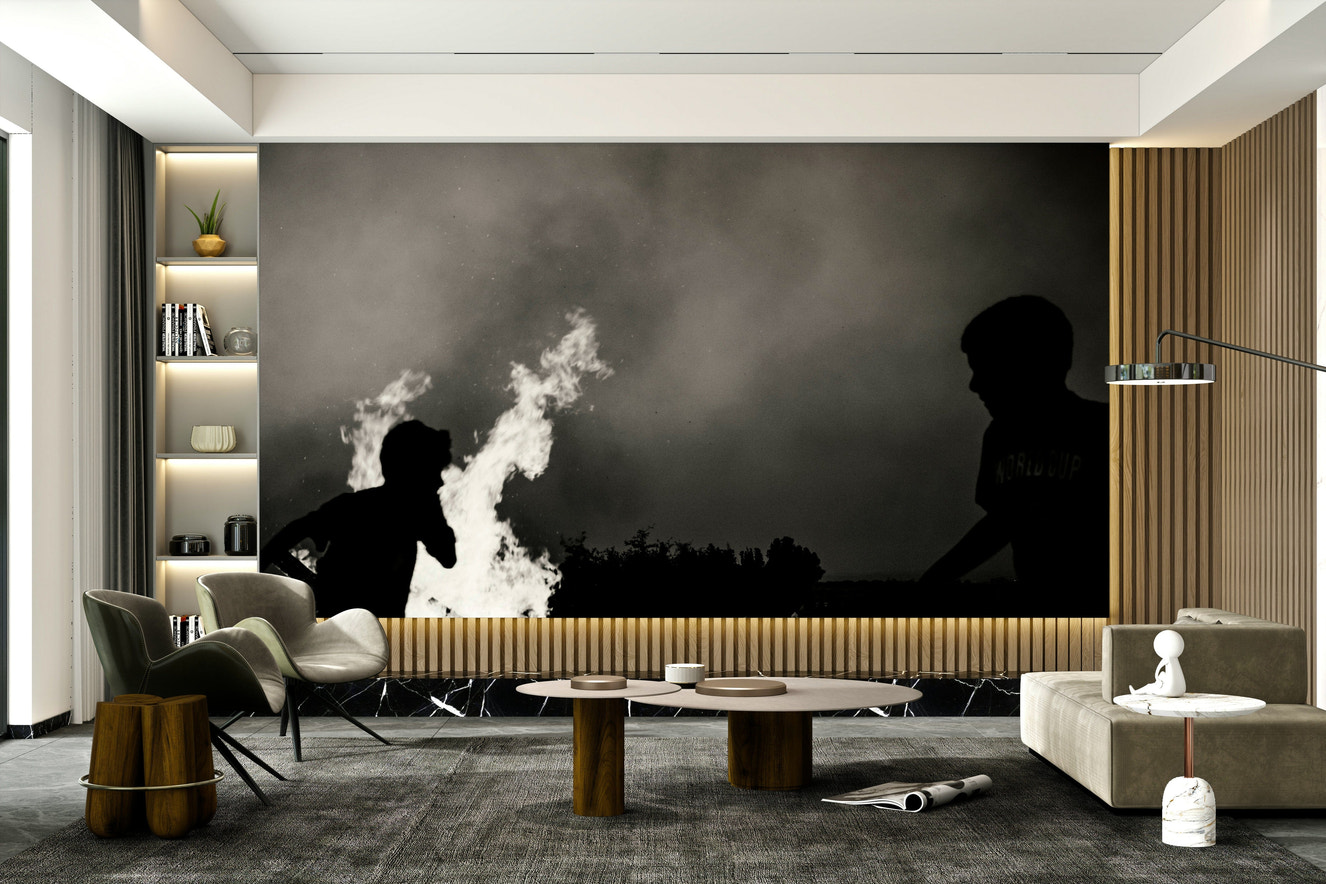 A peaceful gathering scene mural on decorative wallpaper.

