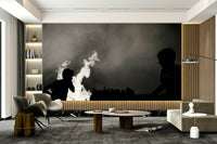 A peaceful gathering scene mural on decorative wallpaper.

