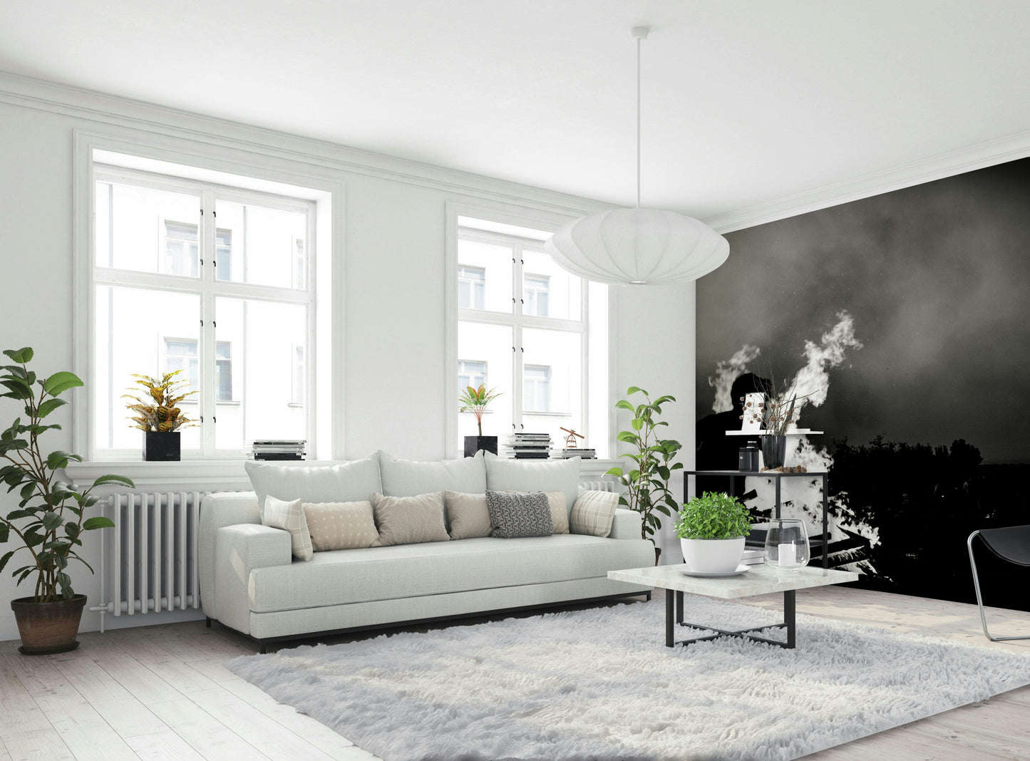 An artistic cultural theme mural on minimalist wallpaper.

