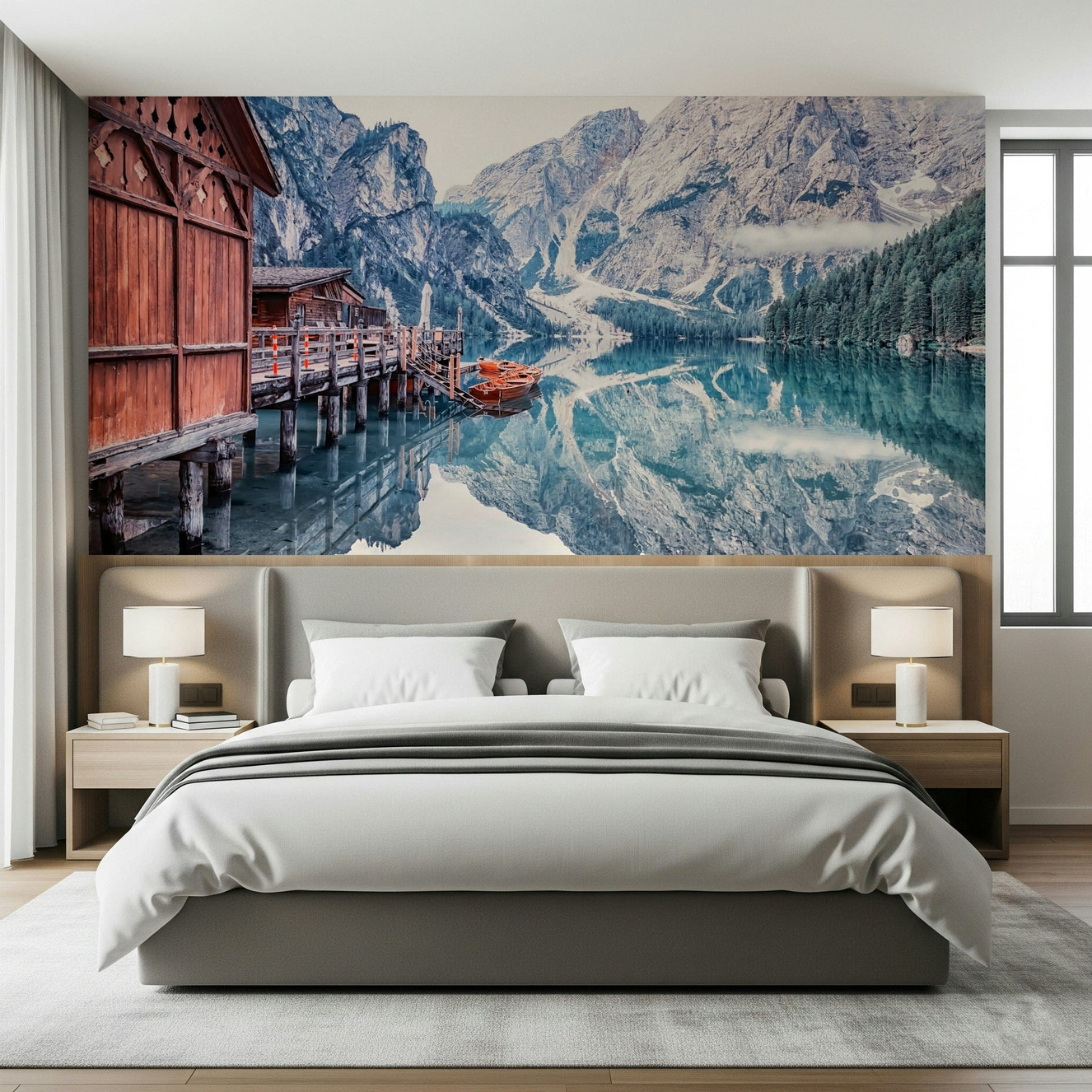 Lago di Braies Reflection lake dock scene wall mural