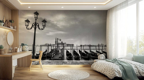 Lagoon Lights wallpaper mural of black and white Venice gondolas and a lamppost in a bedroom with mint throw bed