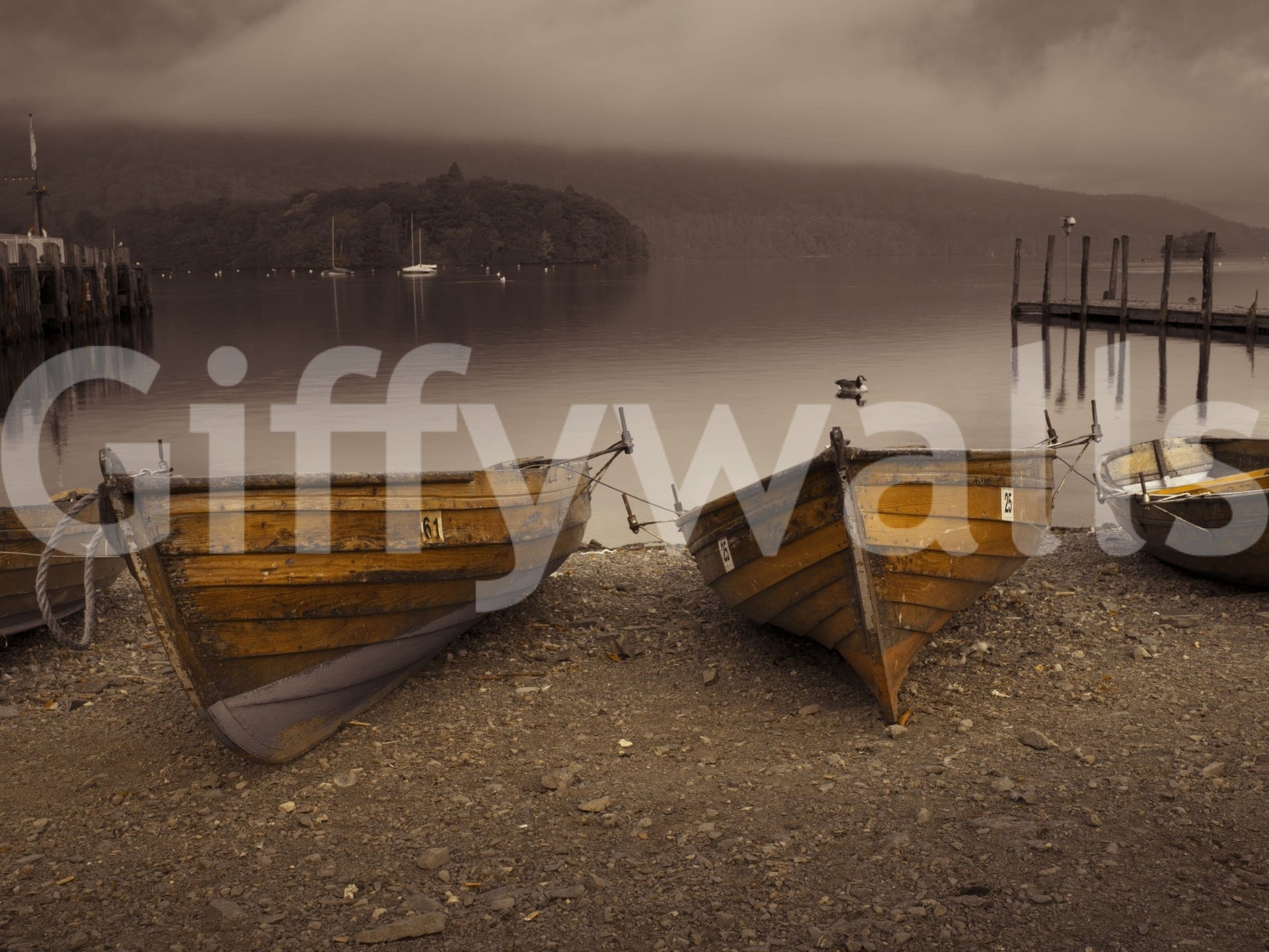 Old-world wallpaper showcasing lakeside boats and a muted sepia color palette for a timeless feel.