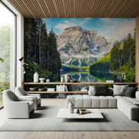 Lake Braies Majesty peel and stick wallpaper forest landscape.