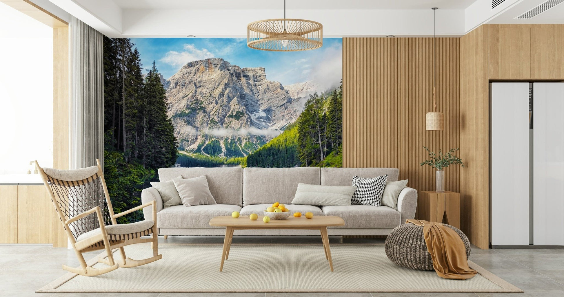 Rugged summits Lake Braies Majesty wallpaper for walls decor.