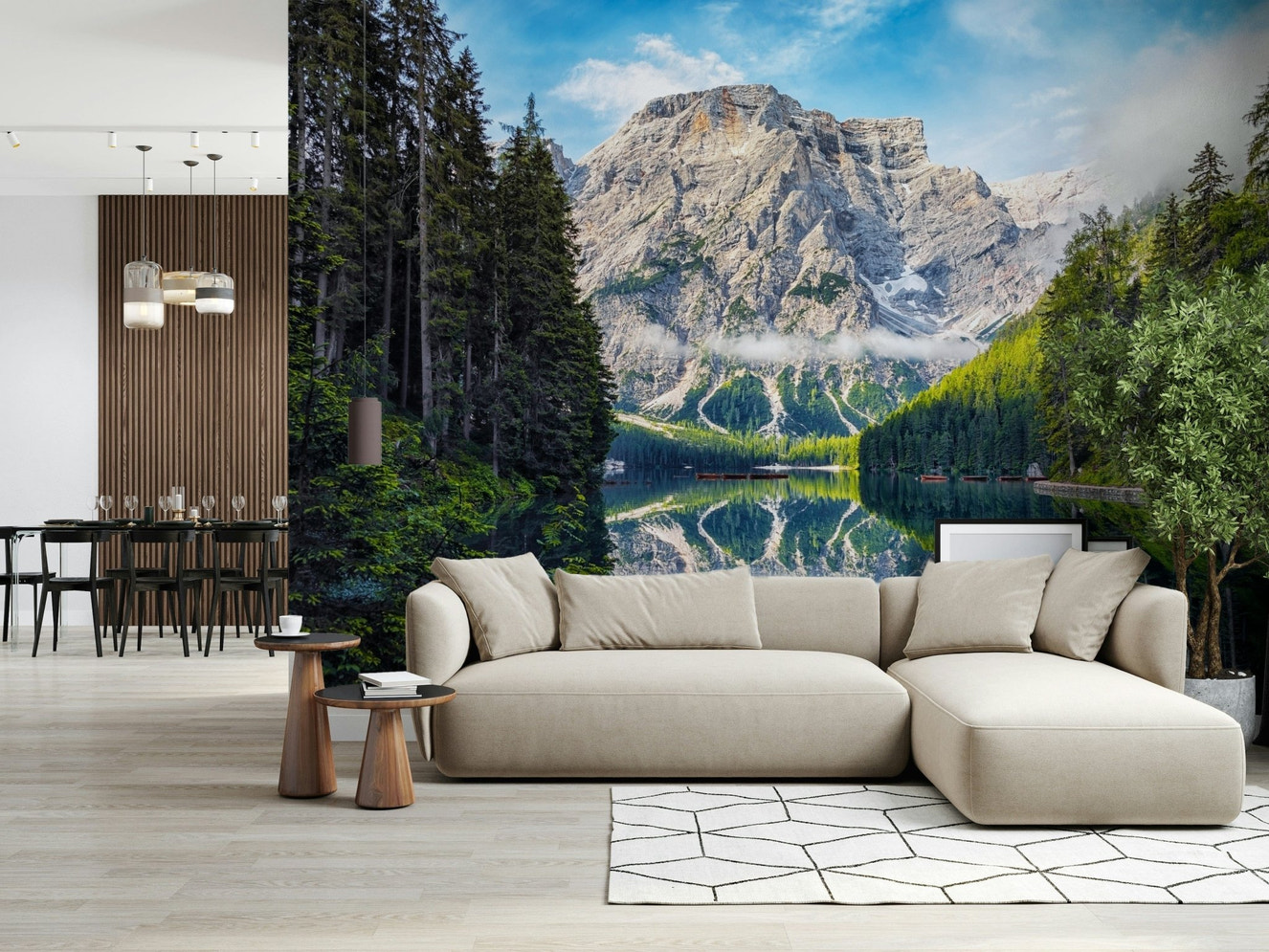 Lake Braies Majesty wallpaper for walls scenic mountain reflection.