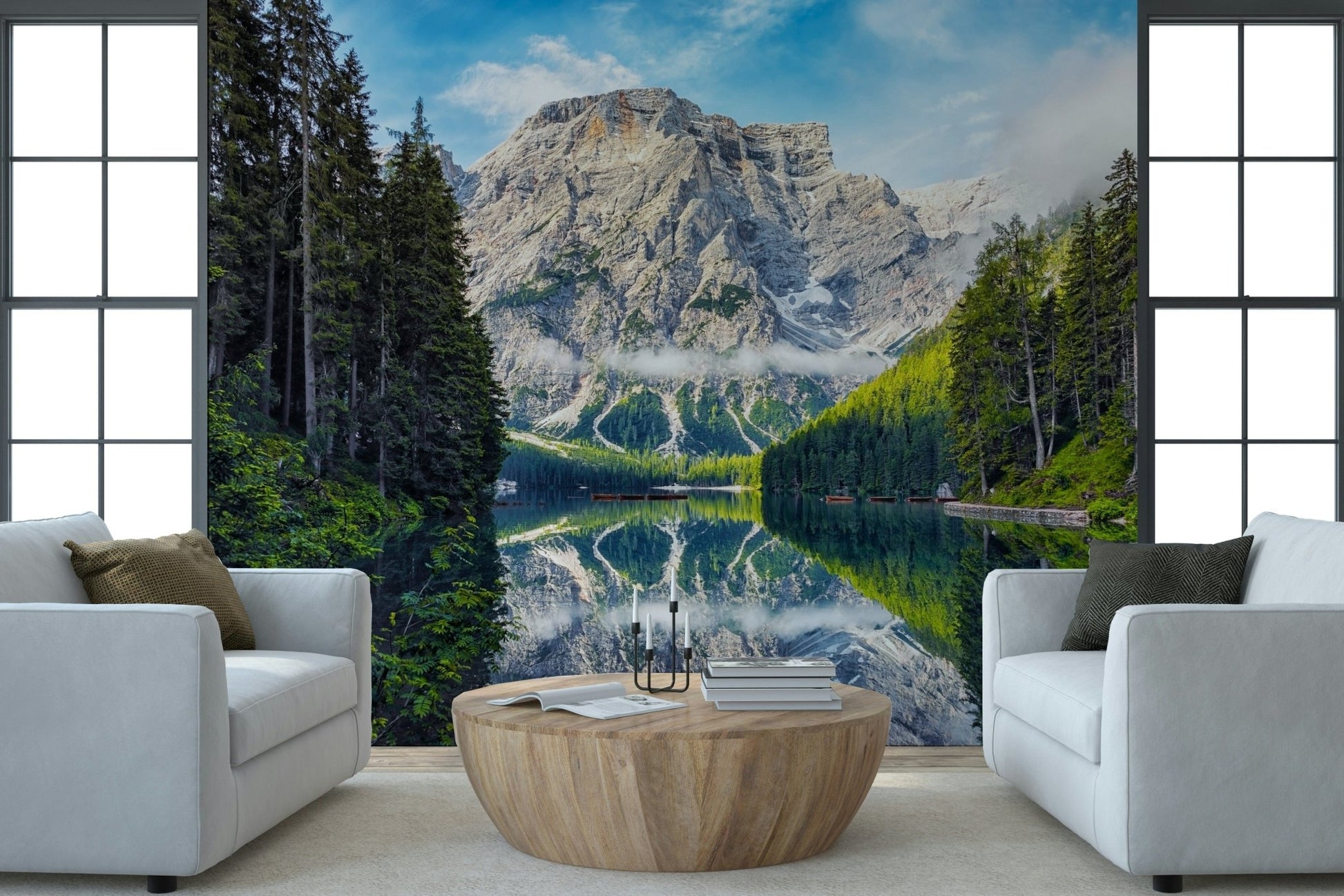 Alpine peaks wallpaper mural Lake Braies Majesty water view.