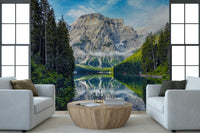 Alpine peaks wallpaper mural Lake Braies Majesty water view.