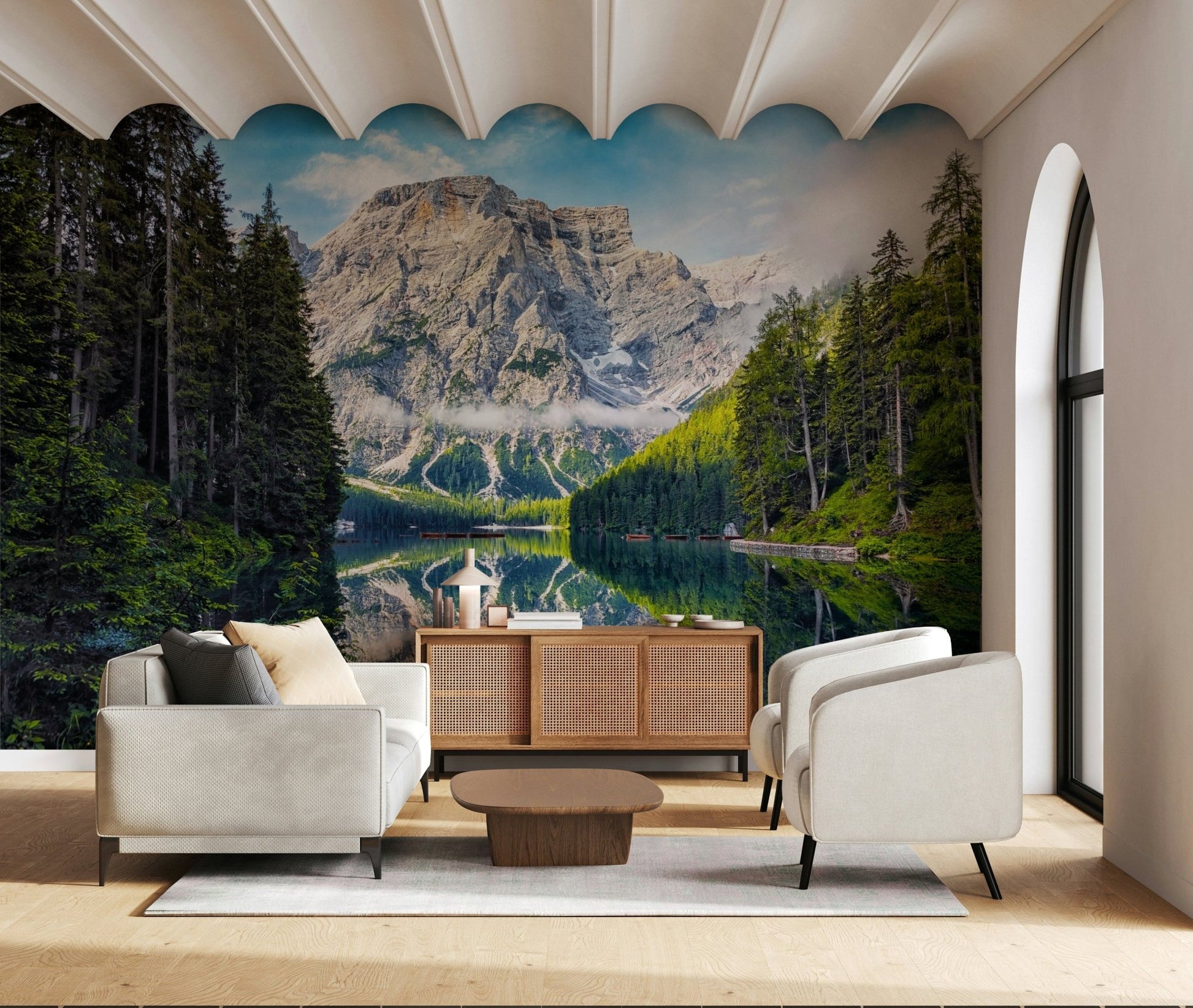 Pristine lake reflection Lake Braies Majesty wallpaper mural art.