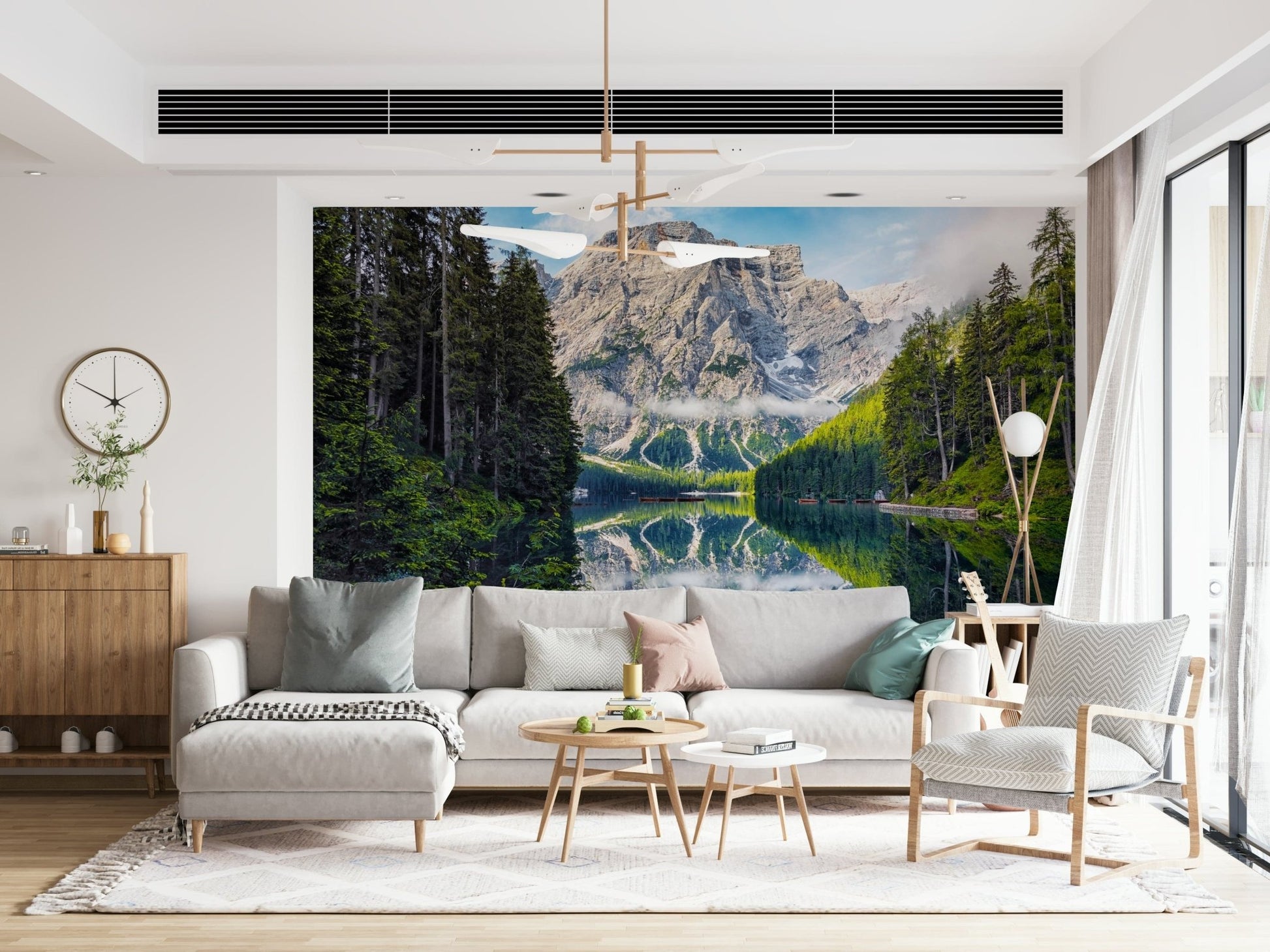 Tranquil dolomite scenery Lake Braies Majesty peel and stick wallpaper.