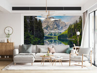 Tranquil dolomite scenery Lake Braies Majesty peel and stick wallpaper.
