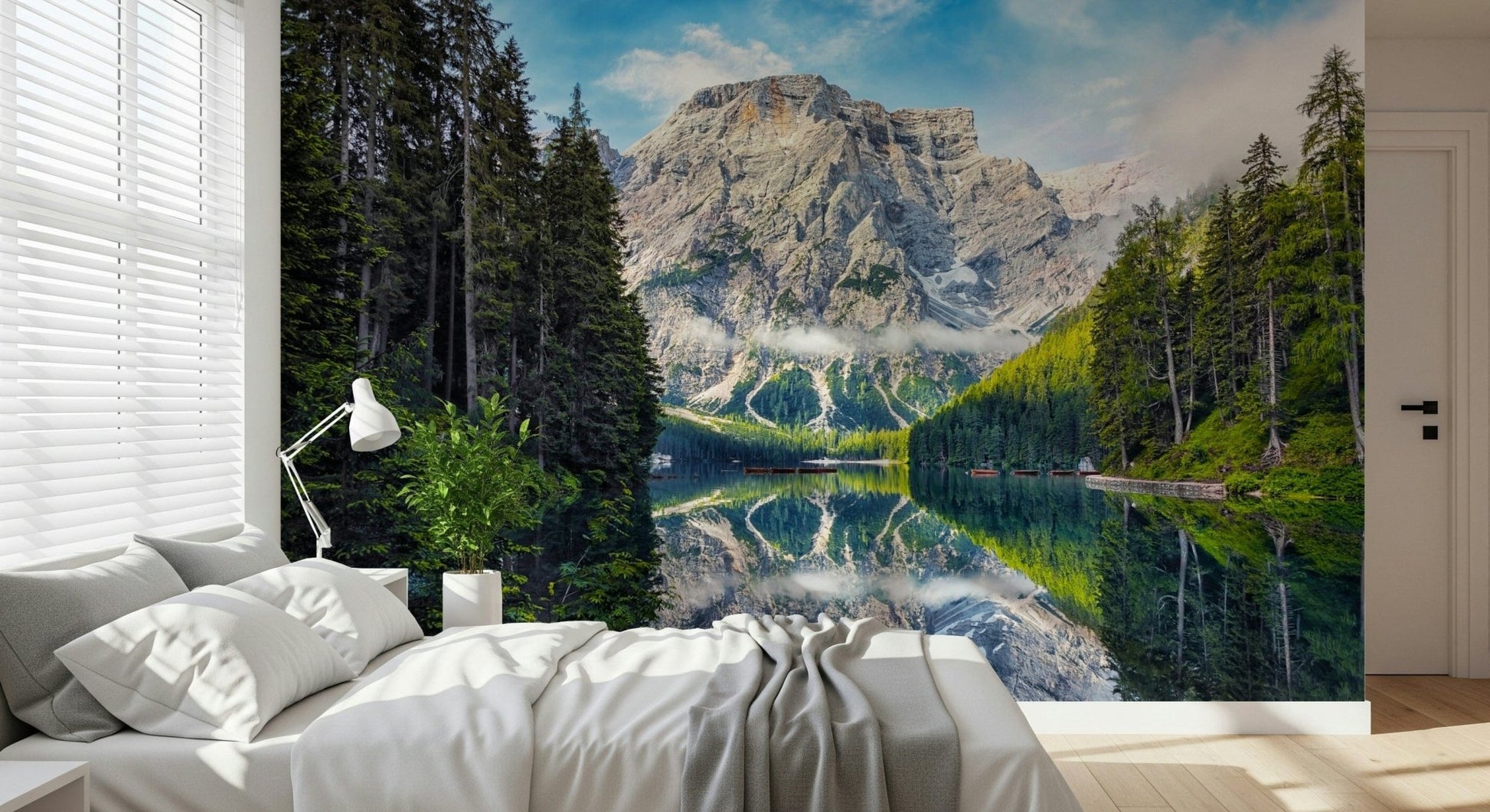 Morning mist Lake Braies Majesty wallpaper for walls mural.