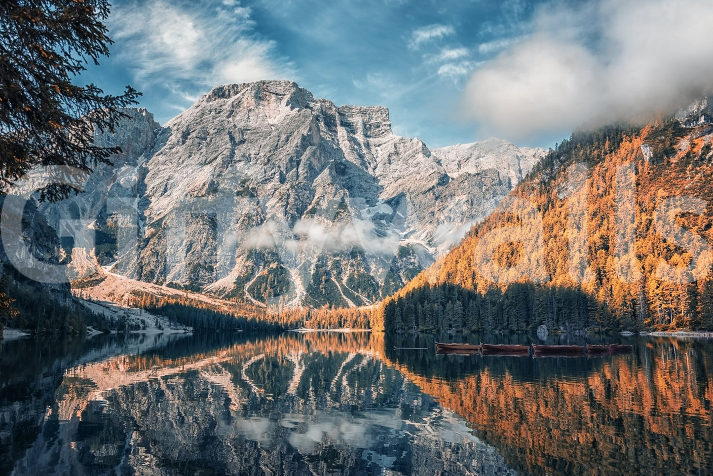 Lake Braies Serenity wallpaper mural shown full-wall with the grey Dolomite peak and autumn forest mirrored in the calm lake