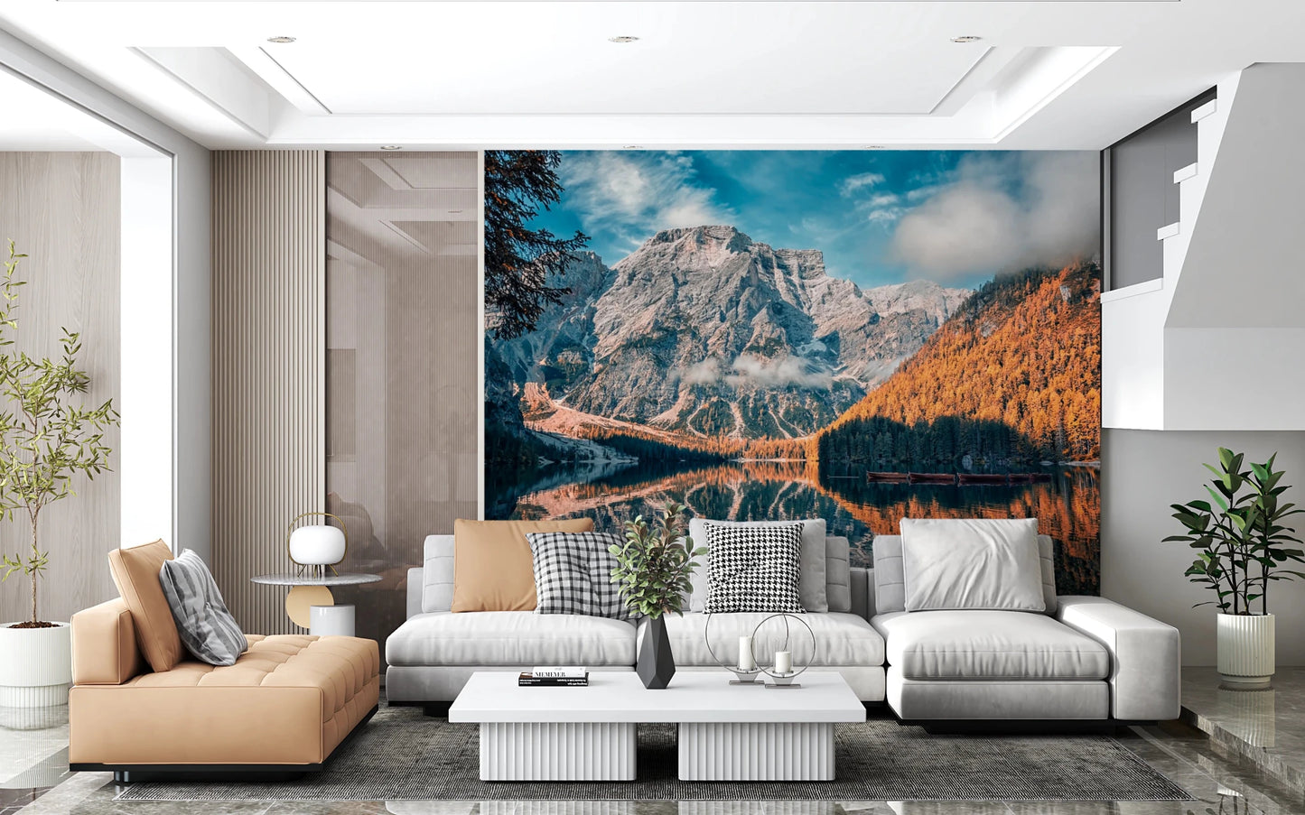 Lake Braies Serenity wallpaper mural showing mountain and orange larches above a tan chaise and grey sectional in a living room
