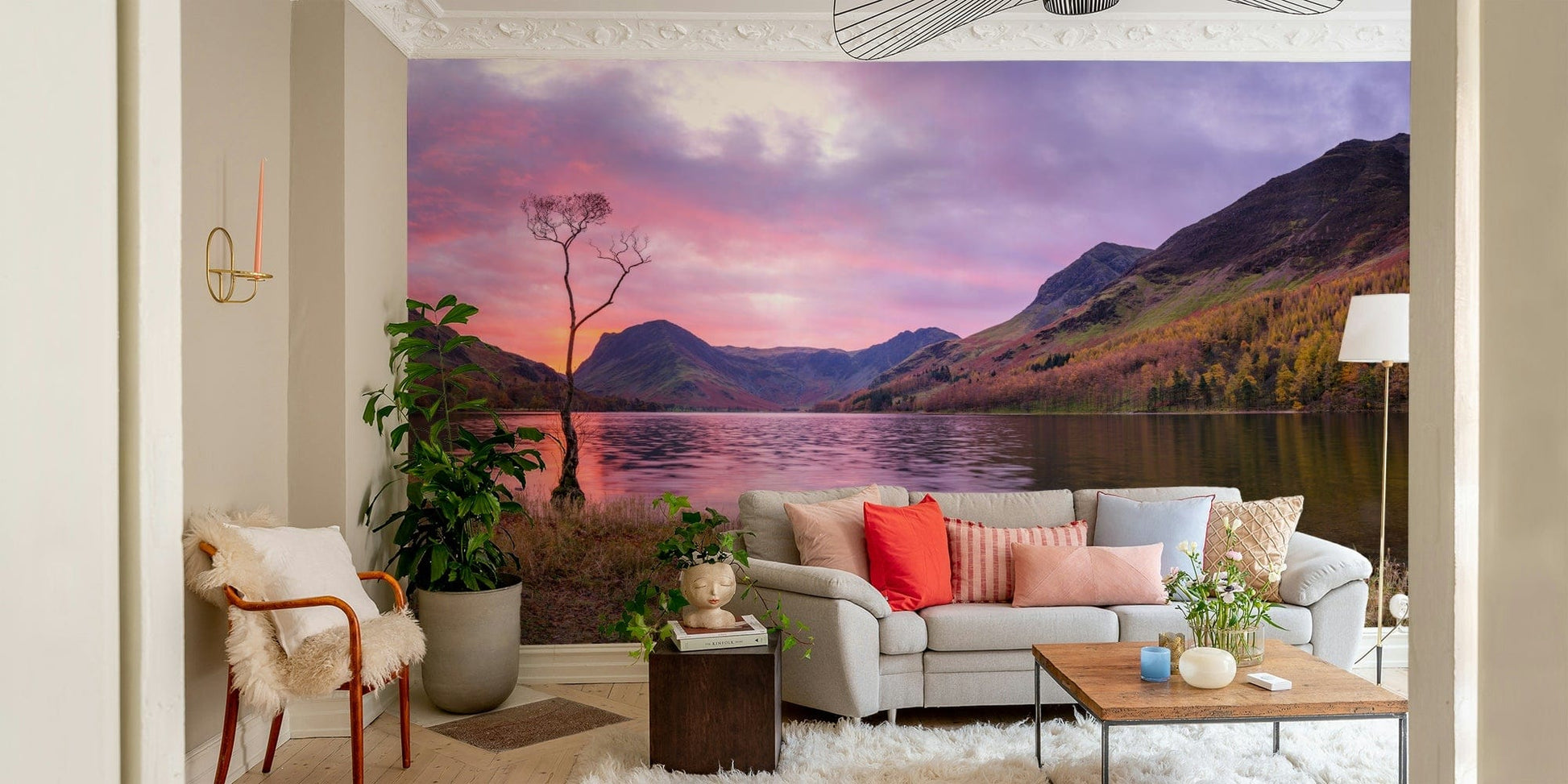 A calming serene mountain wallpaper mural that defines a space.

