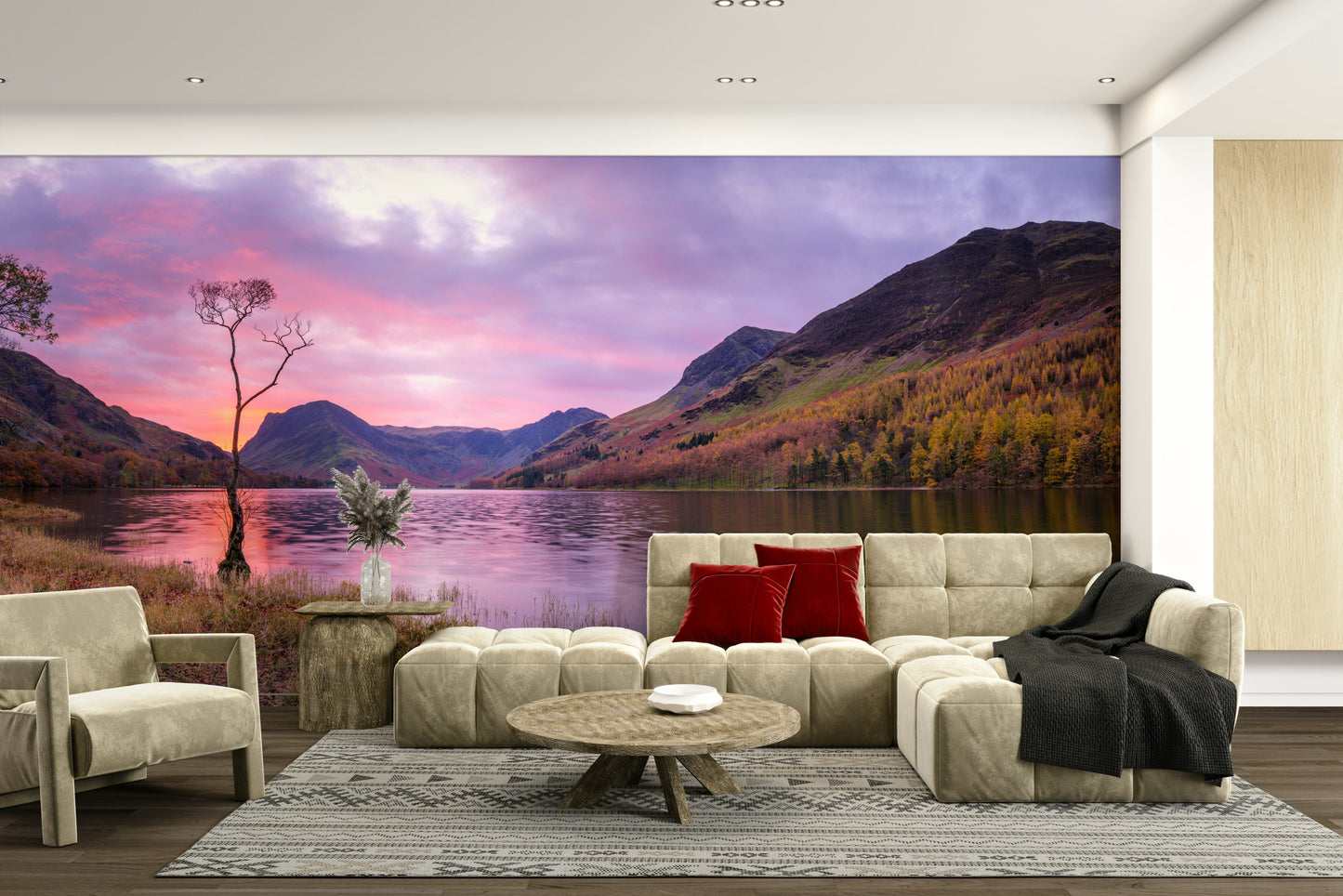 A peaceful lake vista mural on decorative wallpaper.

