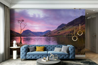 A beautiful serene lake wallpaper mural with mountains at sunset.


