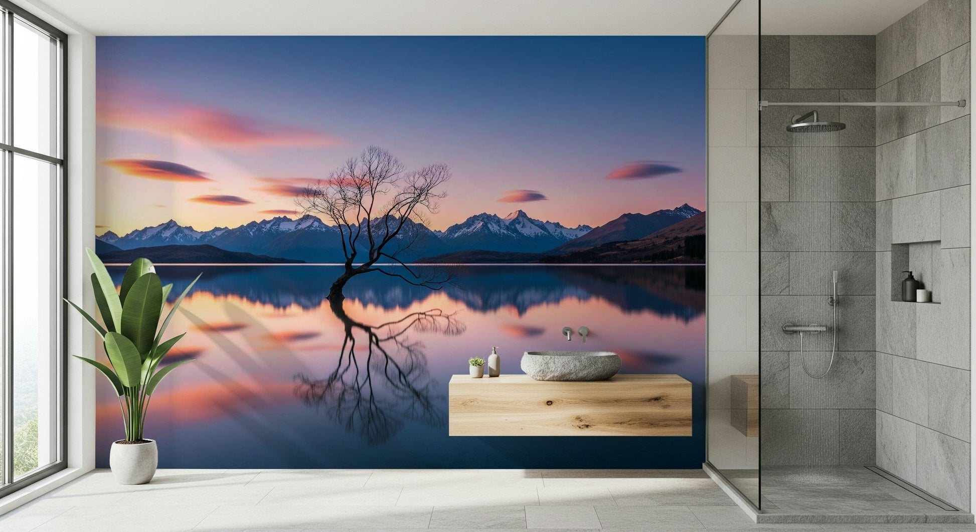 Premium Lake Serenity Dusk wall art, available as wall mural, calm waters.