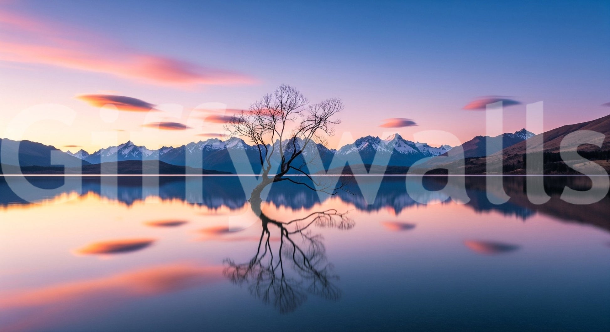Iconic Lake Serenity Dusk wallpaper, beautiful minimalist tree, smooth water surface.