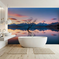 Lake Serenity Dusk wallpaper for home office, breathtaking scene, cool blue tones.