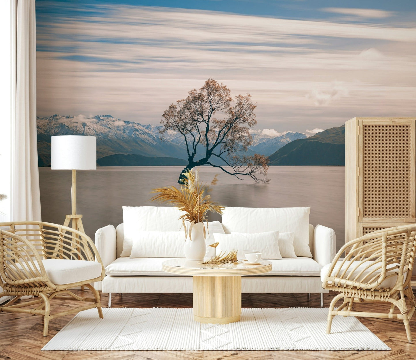 Iconic New Zealand landscape wall art Willow emerging from lake, distant mountains.