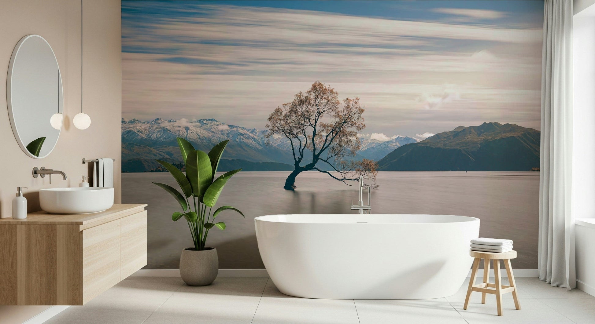 Lake Wanaka Tree Serenity peel and stick wallpaper Tranquil scene for modern decor.