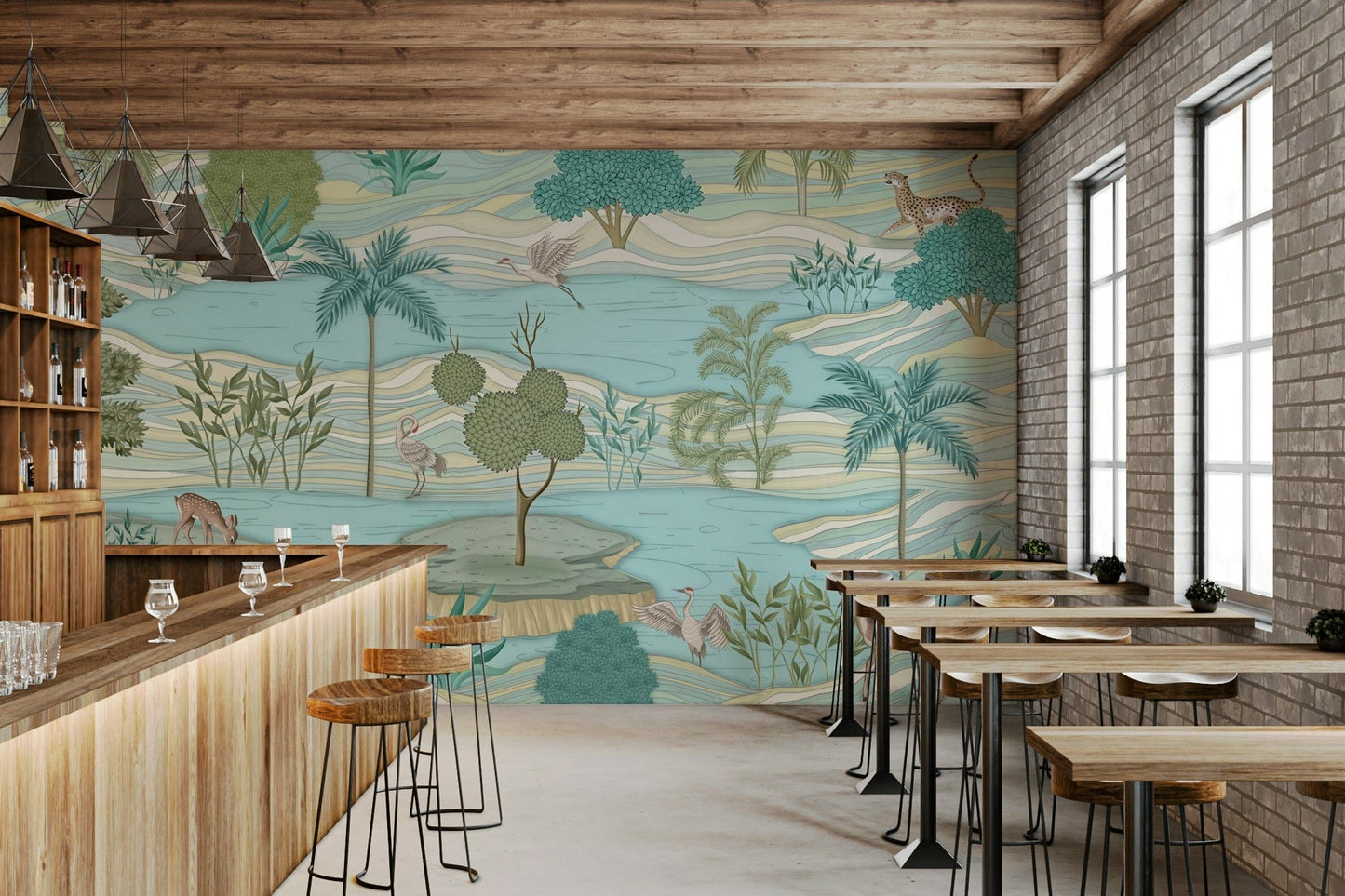 The design features a repeating pattern of soft, delicate tree and animal shapes.

