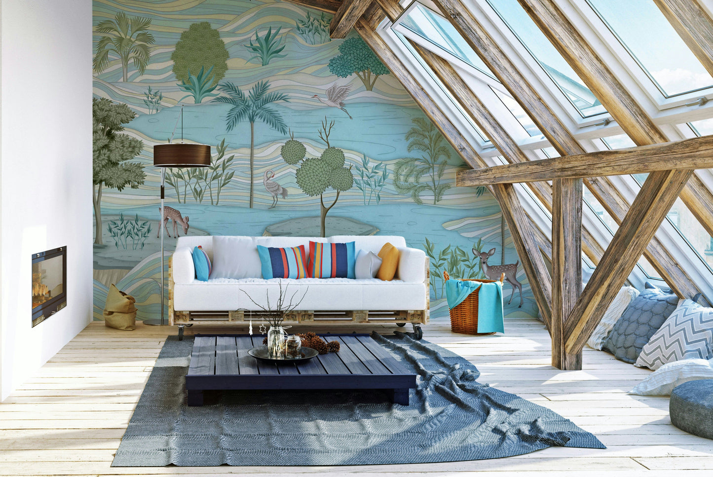 A peaceful wall mural with an organic, whimsical design.

