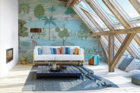 A peaceful wall mural with an organic, whimsical design.

