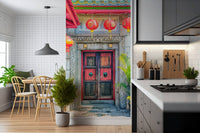 Lantern Entrance botanical palm leaf wallpaper for walls.