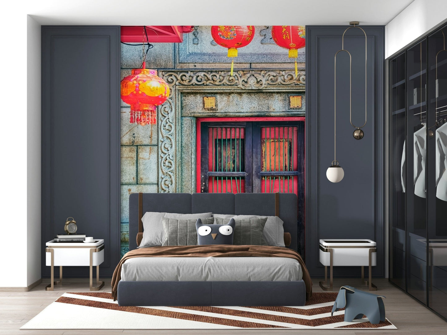 Festive red globes Lantern Entrance peel and stick wallpaper.