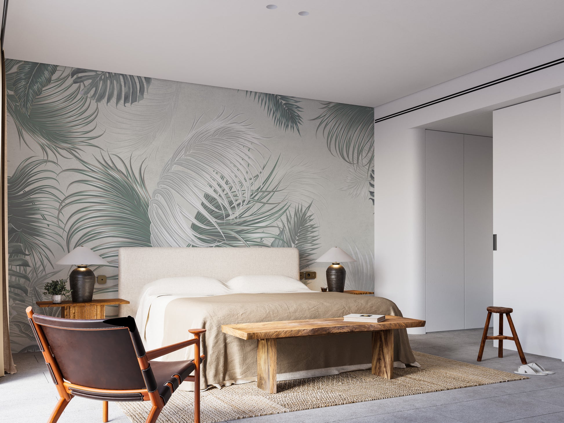 Large Gray Green Palm Leaves wallpaper mural styled along a hallway feature wall near a console in green tones