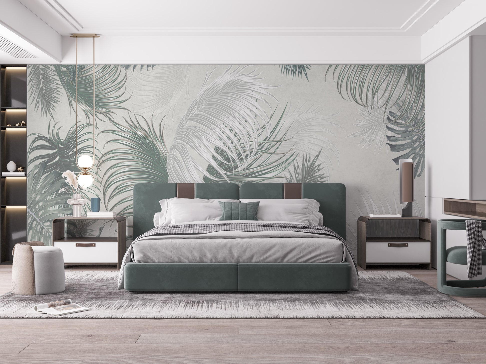 Large Gray Green Palm Leaves wallpaper mural as a feature wall in a home office workspace in green tones