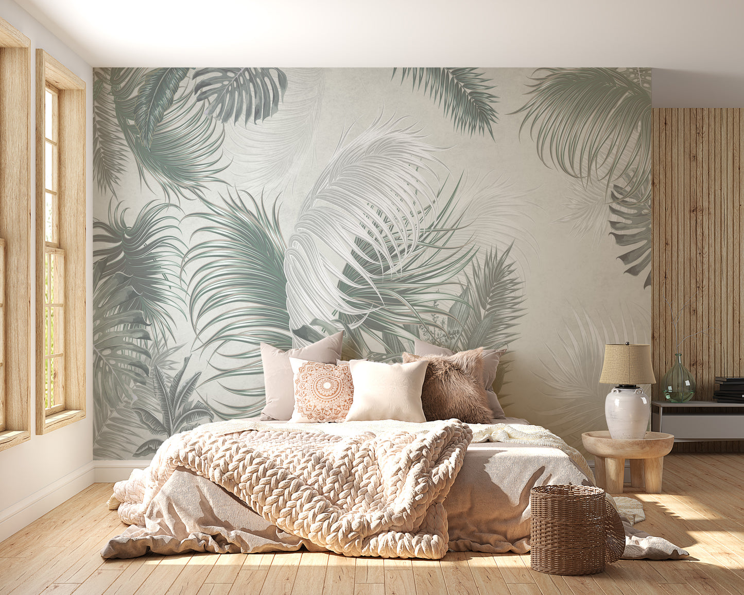 Large Gray Green Palm Leaves wallpaper mural styled as a feature wall behind a dining table and chairs in green tones