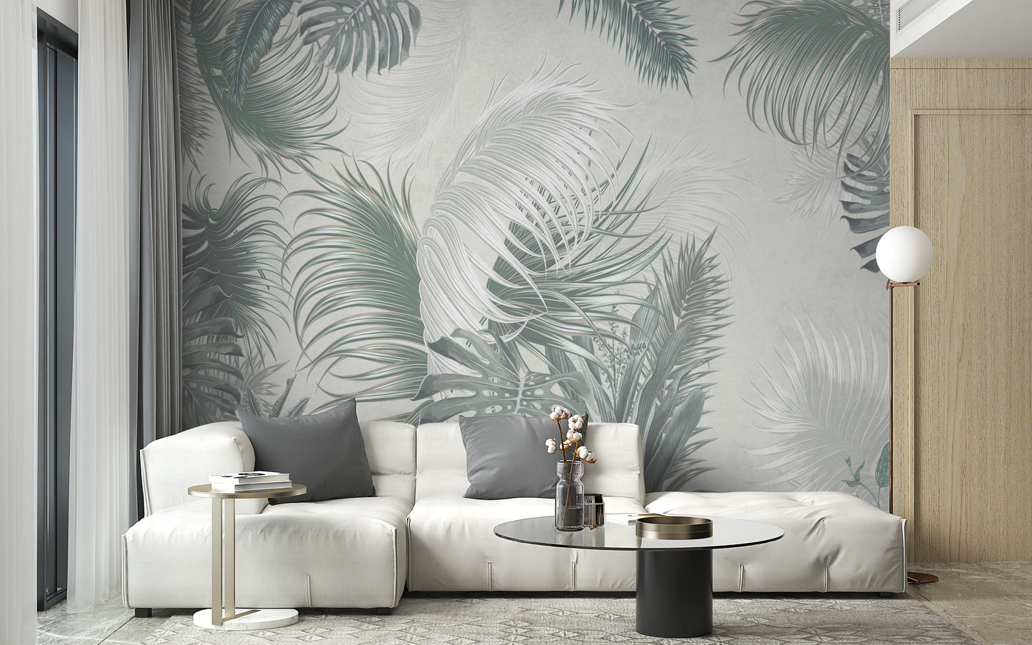 Large Gray Green Palm Leaves wallpaper mural as a bedroom feature wall behind the headboard in green tones