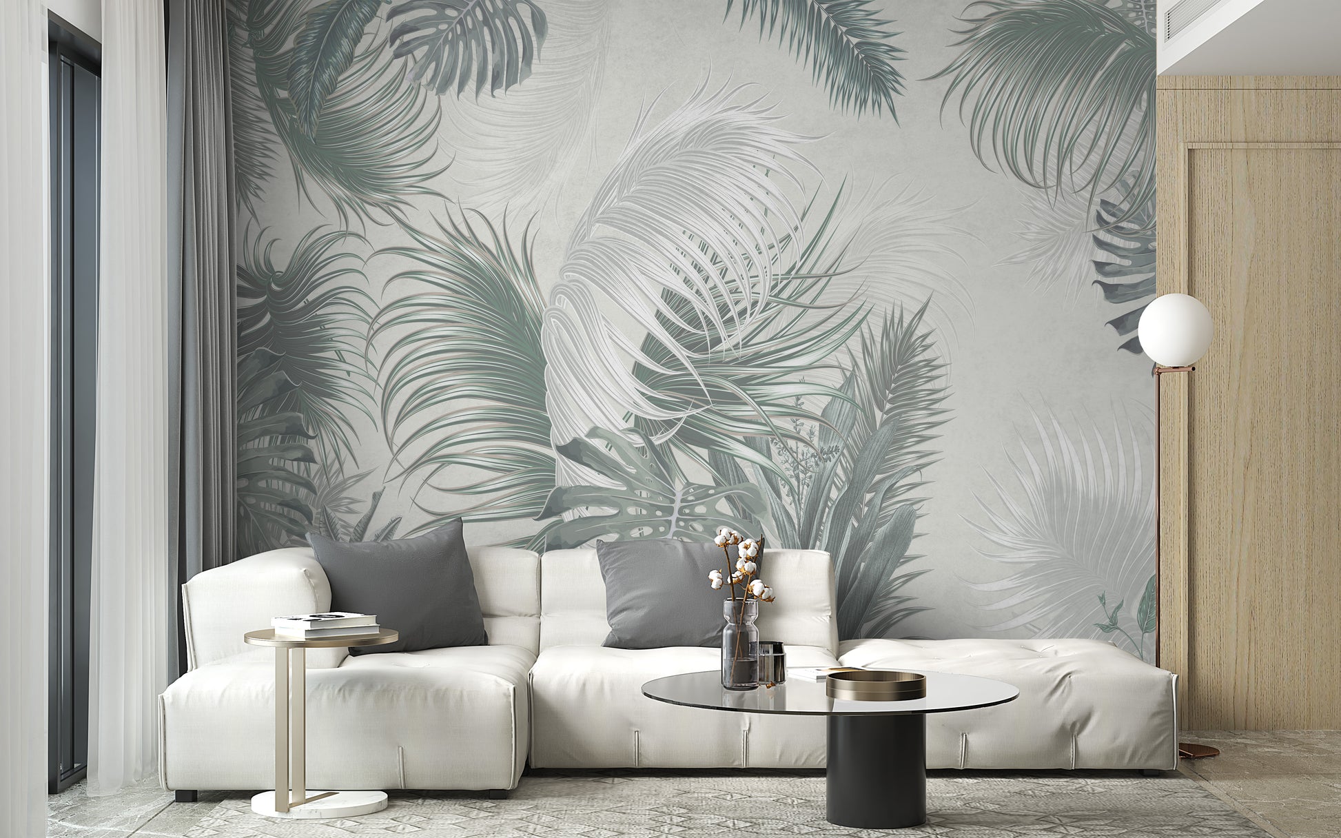 Large Gray Green Palm Leaves wallpaper mural as a bedroom feature wall behind the headboard in green tones